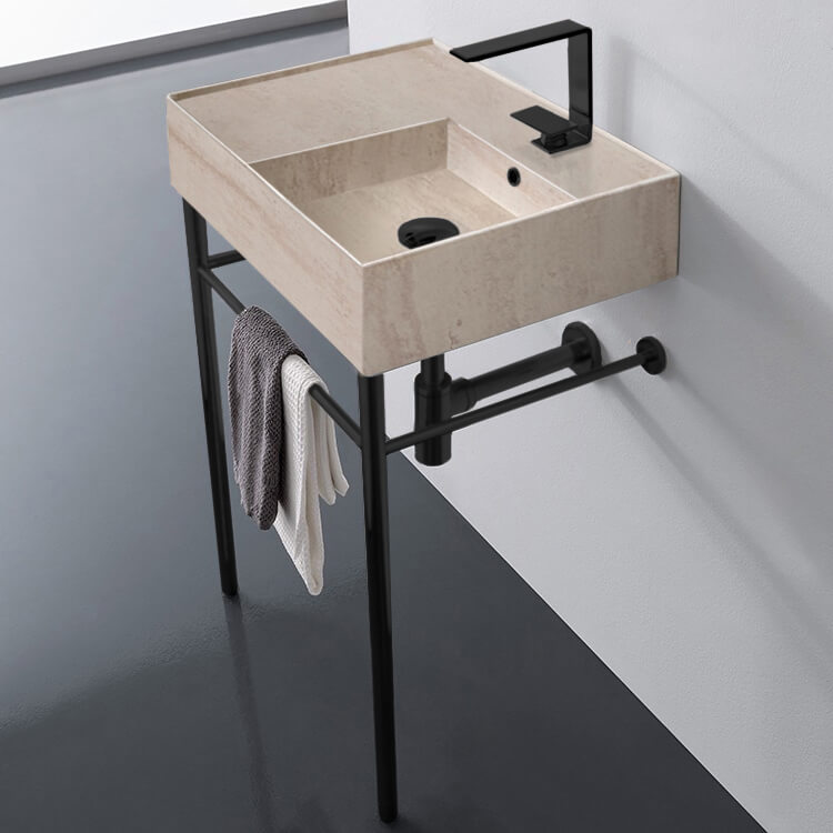 Scarabeo 5117-E-CON-BLK-One Hole Beige Travertine Design Ceramic Console Sink and Matte Black Stand, 24 Inch